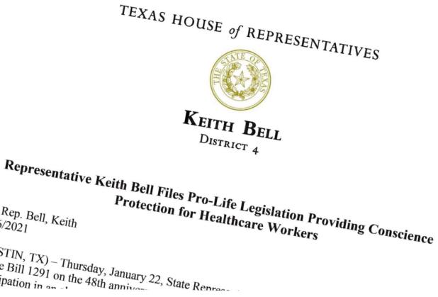 Representative Keith Bell Files Pro-Life Legislation Providing Conscience Protection for Healthcare Workers