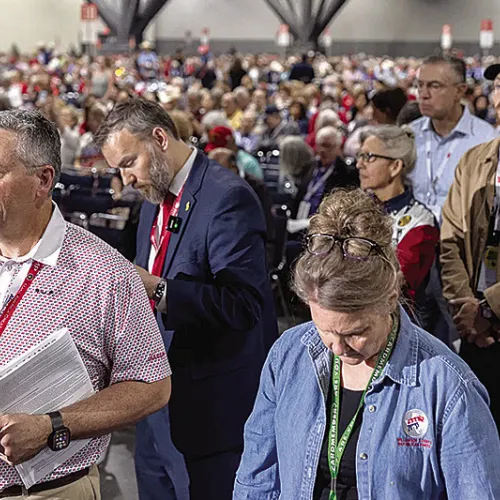 Delegates line up to speak on legislative priorities at the 2026 Texas State Republican Convention on June 13, 2026 in Houston. Eddie Gaspar/The Texas Tribune